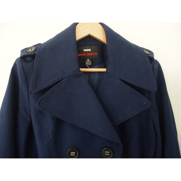 Miss Sixty Double Breasted Belted‎ Pea Coat Navy Blue Size Large - Picture 5 of 10